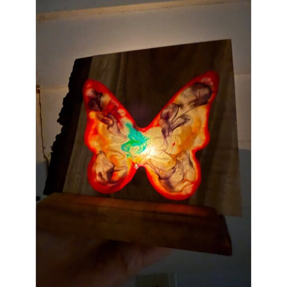 Vintage 70s Candle Votive Holder Live Edge Wood Resin Butterfly Boho - Picture 4 of 10